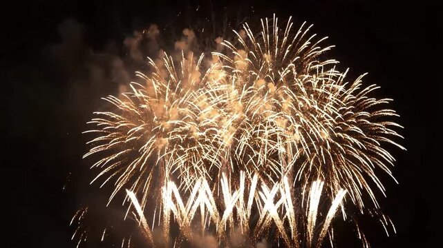 Brilliant golden fireworks exploding in the night sky