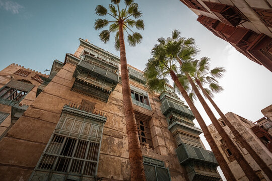 Traditional architecture of old Jeddah town El Balad district houses with wooden windows and balconies Unesco Heritage site in Jeddah Saudi Arabia