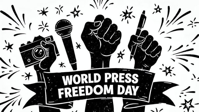 World press freedom day strong protest concept showing raised fists with camera microphone and pen symbolizing journalism rights and free speech captured in creative animation with smooth motion video