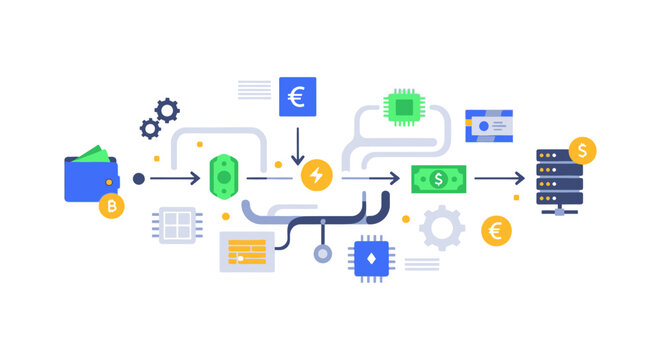 Digital Payment Processing Workflow. Financial Transaction Exchange, Cryptocurrency (Bitcoin, Euro, Dollar) Flowchart into Server System.