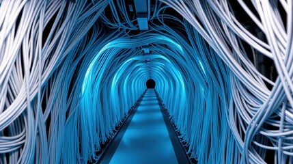 Fototapeta premium Intense tunnel filled with vibrant blue, white cables. Futuristic perspective creates depth, suggesting data flow or network infrastructure.