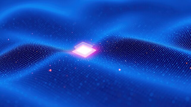 Abstract digital waves, glowing pink square center. Data streams, futuristic design, dark background creates depth.
