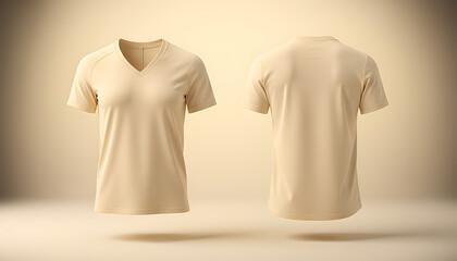 Fototapeta premium Premium women’s monochrome beige V-neck jersey with soft cream gradient tones, sleek feminine silhouette, minimal high-end sportswear design, front and back view isolated