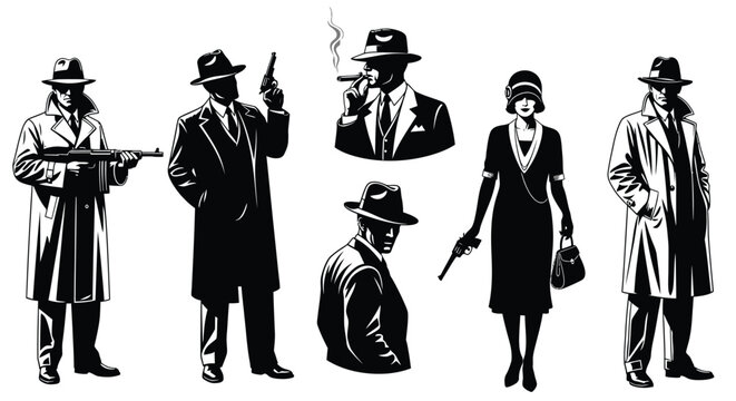 Gangsters and molls in a vintage style depicted as a striking silhouette