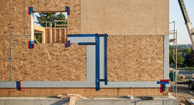 OSB oriented strand board exterior wall sheathing with rigid foam insulation