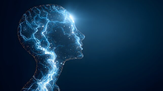 A glowing blue silhouette of a human head with electric sparks