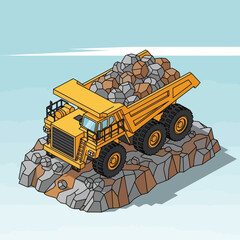 Heavy-duty mining dump truck loaded with rocks on a rocky terrain. © Mukhamad