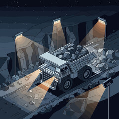 Heavy-duty mining dump truck transporting ore at night. © Mukhamad