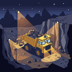 Heavy-duty mining dump truck transporting raw materials at night. © Mukhamad