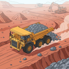 Heavy-duty mining dump truck transporting rocks in an open-pit mine. © Mukhamad
