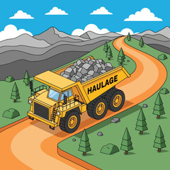 Fototapeta premium Large yellow haulage truck carrying rocks on a winding road.