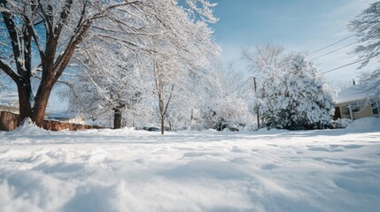 Fototapeta premium Spring snow ice thaw, end of Winter Season, hope, fresh start. A winter scene with snowcovered trees and a house in the background. The ground is blanketed in a thick layer of snow.