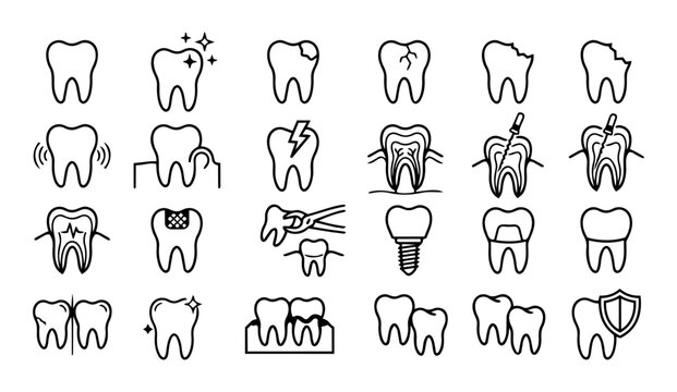 Dental Problems and Treatments Line Icons Set &ndash; Tooth Pain, Decay, Root Canal, Implant and Oral Care Outline Collection