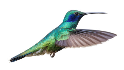 Obraz premium Stunning iridescent green and blue hummingbird soaring with wings outstretched in dynamic pose.