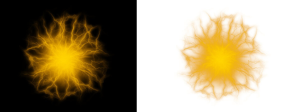 Electric yellow lightning bolt explosion on black and white background on transparent background