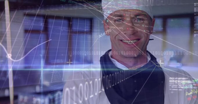 Drifting overlay causing chef white coat hat scarf moving from folded arms to thumbs-up in kitchen