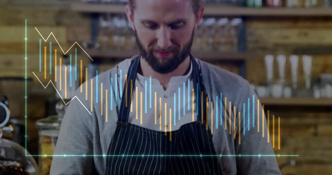 Vertical video: Serving barista offering cup, camera rising at cafe, striped apron and bars overlay