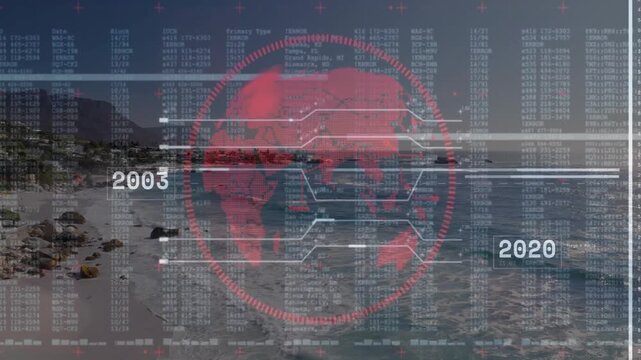 Vertical video: Fading red holographic globe rotating, linking to timeline over beach, showing data