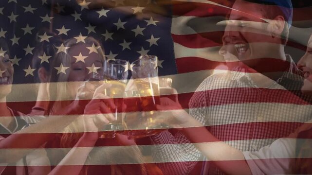 Vertical video: Toasting center woman leading trio sipping tall pints at dim pub under US flag