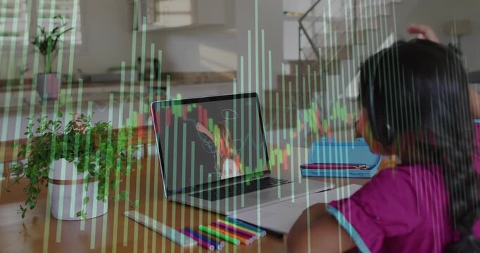 Watching girl in pink top in kitchen, following instructor on laptop and animated chart, copy space