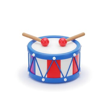 A colorful illustration of a blue drum with red and white details and two drumsticks on a plain background