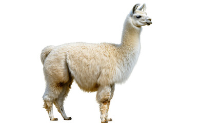 Obraz premium Graceful white llama with soft wool looking sideways, majestic and calm creature portrait