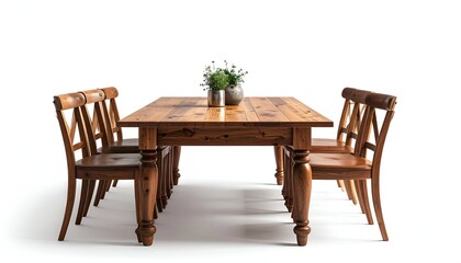 Fototapeta premium A solid wood dining set with a rectangular table and six matching chairs, arranged on a stark white background