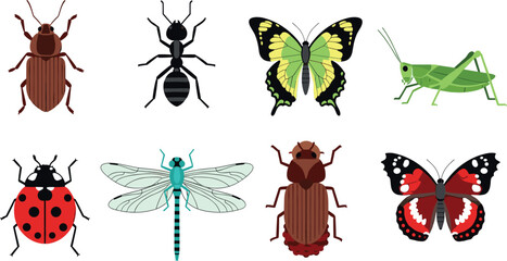 Set of colorful insect icons including beetle ant butterfly grasshopper ladybug dragonfly and bugs flat vector illustration collection isolated design © Vector Design Hub