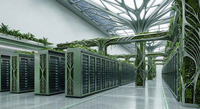 Data center green technology concept with server rows and living walls interior