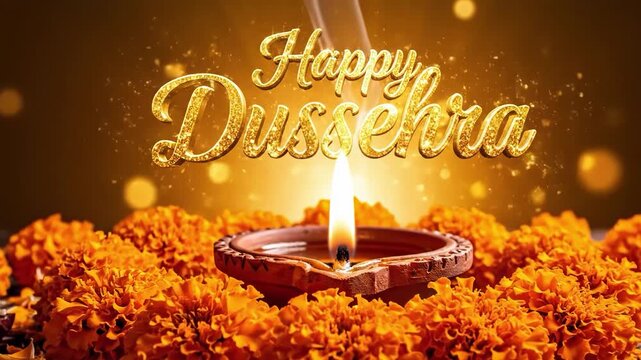 Happy dussehra greeting with glowing diya lamp and marigold flowers