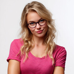 Fototapeta premium friendly nerdy blonde woman in rosepink tshirt on white background, smiling young blonde woman with friendly nerdy style isolated on white, cheerful blonde woman portrait in pink tshirt