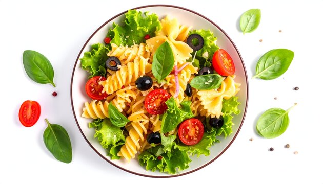 A vibrant pasta salad composed of fusilli and farfalle. It features cherry tomatoes, olives, and fresh basil atop a bed of crisp lettuce, served in a white bowl