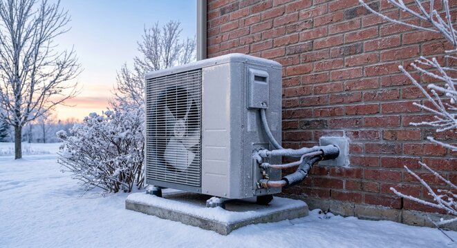 Heat pump outdoor unit covered in frost and snow on winter morning