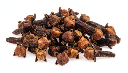Obraz premium Close-up of a pile of dried, dark brown, aromatic spice buds on a bright white background. These buds have intricate shapes