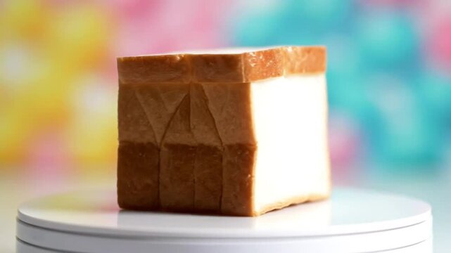 Rotating square of white bread against a colorful blurred background, showcasing texture and freshness