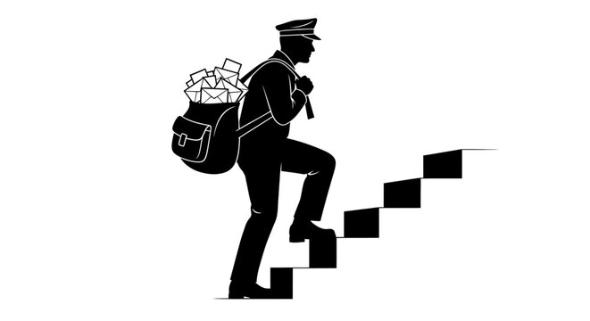 A postman climbs stairs with mailbag a striking black silhouette