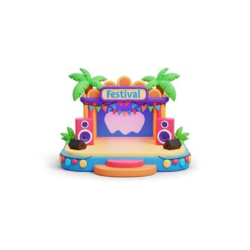 A vibrant festival stage setup with colorful decorations and palm trees at an outdoor event