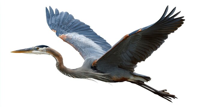 Great blue heron in flight against white background with outstretched wings