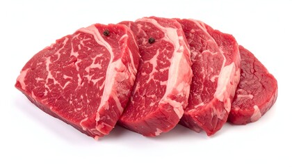 Obraz premium Close-up of raw, juicy, red steak cuts arranged neatly, revealing marbling and texture, on a clean, bright, white background