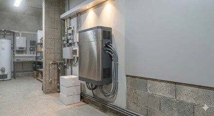 Home battery energy storage system installed on wall in modern industrial setting © Ahmed