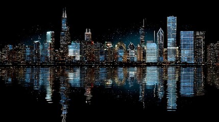 Fototapeta premium Night city skyline with illuminated skyscrapers reflecting on dark water in a calm urban