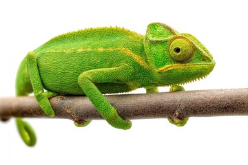 Obraz premium Green chameleon perched on a branch against a clean white background