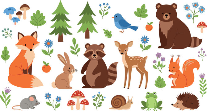 Set of cute forest animals cartoon characters with woodland elements including fox bear deer raccoon rabbit hedgehog frog vector illustration collection