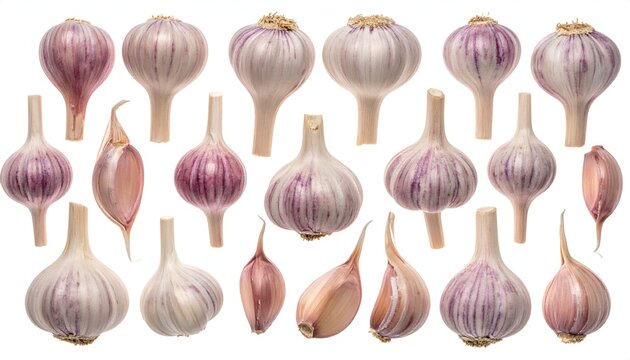 Close-up studio shot of multiple garlic bulbs and cloves against a plain white background, highlighting their texture and shape
