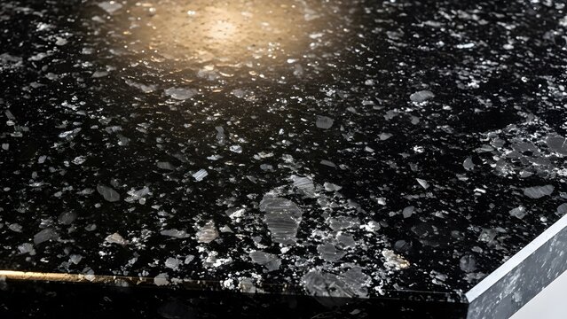 Close up of black granite countertop with white flecks creates luxurious surface