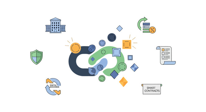 Blockchain Technology Ecosystem Illustration with Smart Contracts, Digital Exchange, Security Shield, and Decentralized Ledger Concepts