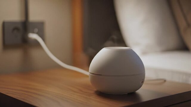 White spherical essential oil diffuser emits a steady cool mist on a wooden bedside table in a cozy and modern bedroom setting.
