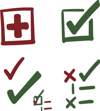 Isolated on Check tick mark icon set, hand drawn doodle red cross box x check mark green checkbox v, sketch marker checklist symbol right and wrong set vector art on white background