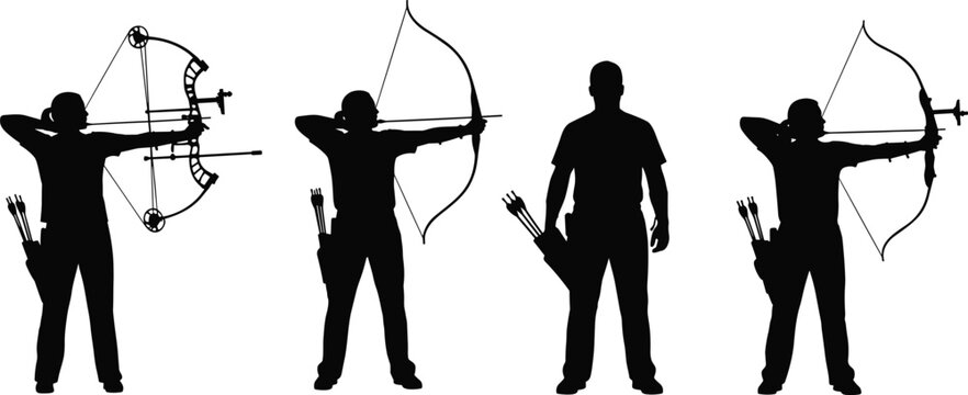 Archery Silhouette Vector Illustration Featuring Compound Bow Recurve Bow Standing Archer with Quiver Traditional Shooting Icon for Sports Training Competition and Design Projects
