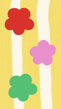 Vertical animated flower shaped speech bubbles on yellow striped background showing playful communication chat and abstract floral dialog concept